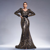 High End Long Sleeved V neck Slim Fit Sheath Cocktail Sequined Fishtail Evening Dress Dress